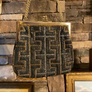 Vintage ‘Walborg’ Black Leather, Beaded, Clutch Bag with Chain